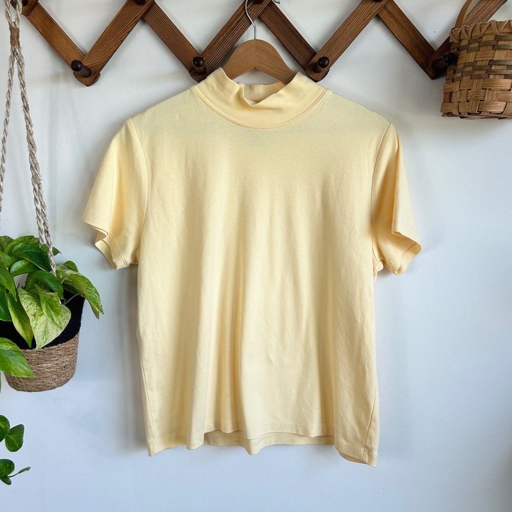 Vintage LL Bean Womens Large Cotton Mock Neck Short Sleeve Top Butter Yellow